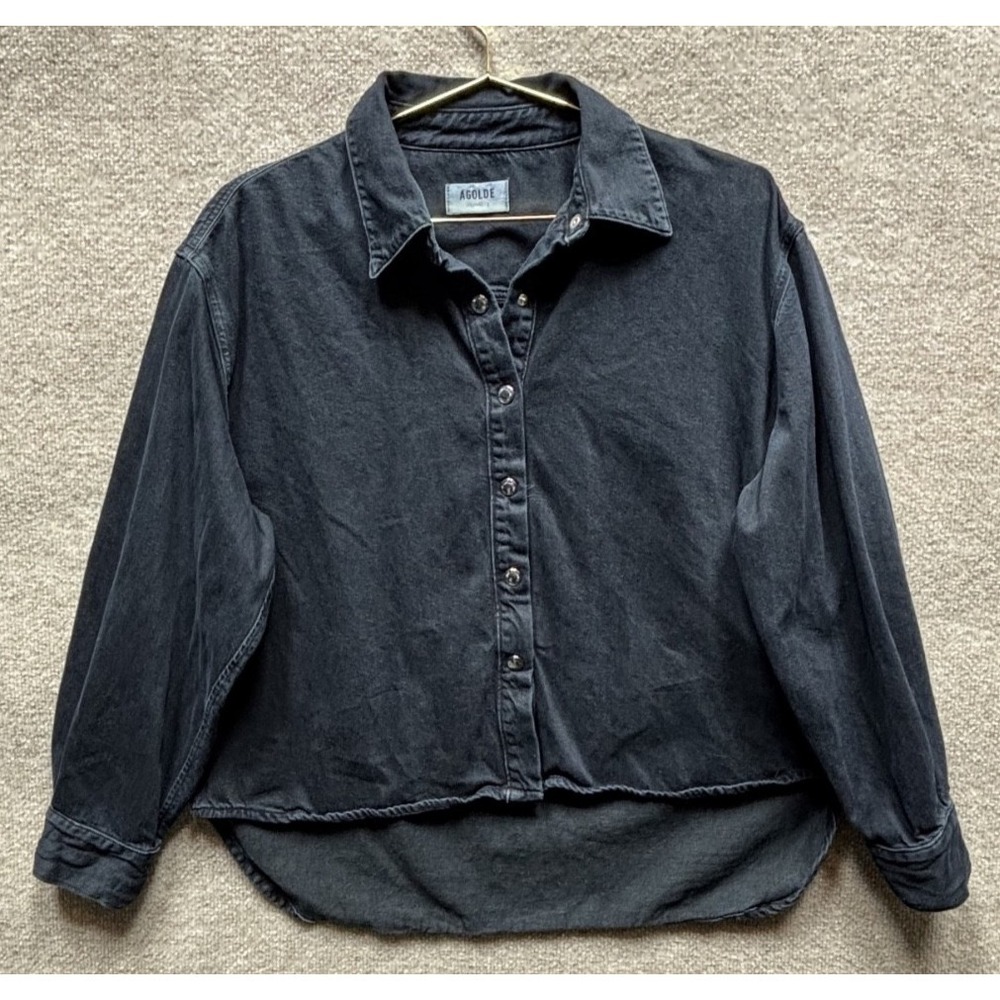 Agolde Aiden Oversized High‎ Low Snap Up Denim Shirt Small Faded Dark Navy Dye